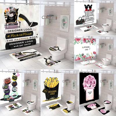 China Viable Ready to Ship Famous Cortina De Ducha Luxury Brand Designer Polyester Fashion Cover Bathroom 4pcs Mat Set Shower Curtain for sale