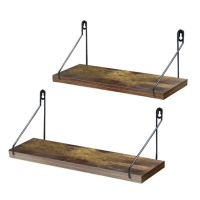 China Rustic Wooden Floating Decorative Floating Stocked Set of 2 Metal Wall Mounted Stable Shelf Storage Base Shelves Wood Display Rack for sale