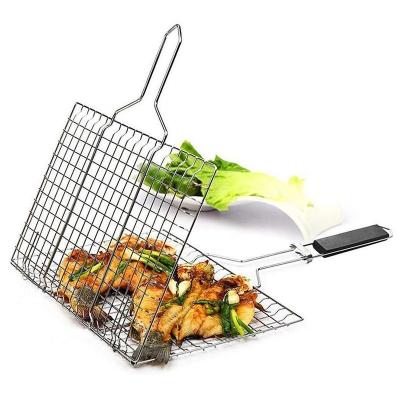 China Portable Easily Cleaned 430 Stainless Steel Vegetable BBQ Grilling Basket BBQ Accessories Tool Kit With Removable Wooden Handle for sale