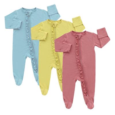 China Newborn Infant Solid Long Sleeve Zipper Ruffle Onesie Pajamas Jumpsuit Clothes For Babies Baby Bamboo Knitted Romper for sale