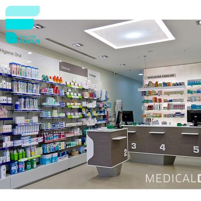 China Customized Design Retail Pharmacy Store Shelf Display Tempered Glass Pharmacy Display Rack for sale