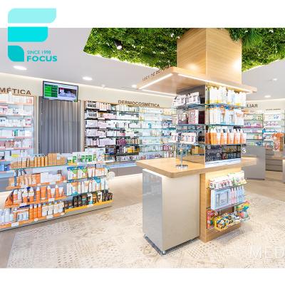 China Customized Design Retail Pharmacy Store Shelf Interior Design Tempered Glass Pharmacy Display Furniture for sale