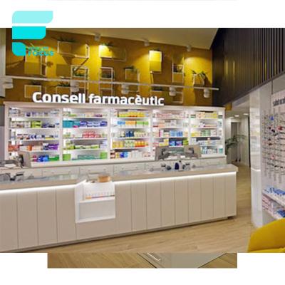 China Customized Design Retail Store Wooden Pharmacy Shelves Modern Medical Pharmacy Furniture Display Store Medical Counter Shop Furniture for sale