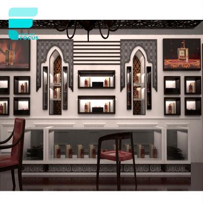 China 3D interior design of perfume / cosmetic shop custom perfume store with perfume display cabinet perfume display counter for sale