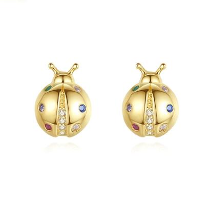 China Fashion 14k S925 Sterling Silver Cute Colorful Ladybug Stud Earrings Love Cubic Zirconia Stud Earrings for sale