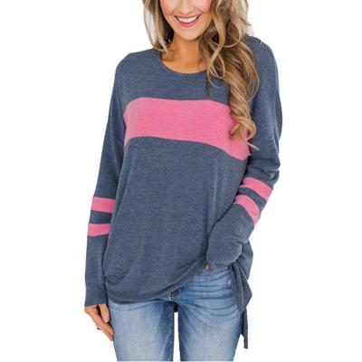 China Anti-wrinkle Women Casual T-shirt Style Print Striped Patchwork Sheaths Long Round Neck Pullover Tops for sale