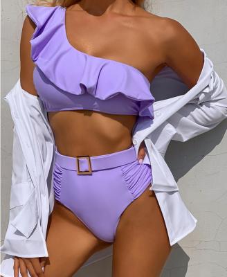 China Breathable Women's Purple One Shoulder Solid Bikini Set Two Piece Swimsuit High Waist Swimsuit Bottom Sexy Beach Wear Swimwear for sale