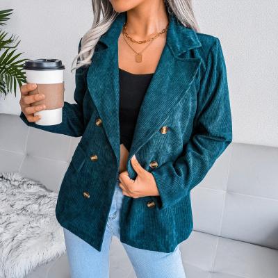 China 2021 Anti-wrinkle women's chic blazer Autumn Winter Double Buttons Fashion tailoring green corduroy jacket suit for women for sale