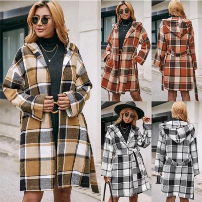 China Wholesale ladies plaid Anti-wrinkle long sleeve autumn and winter casual woolen coat with hoodie jacket woman jacket for sale