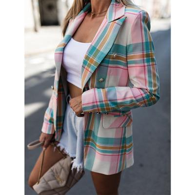 China Autumn New In Casual Breathable Pink And Blue Plaid Notched Lapel Turtle Shell Button Women Slim Fit Blazer for sale