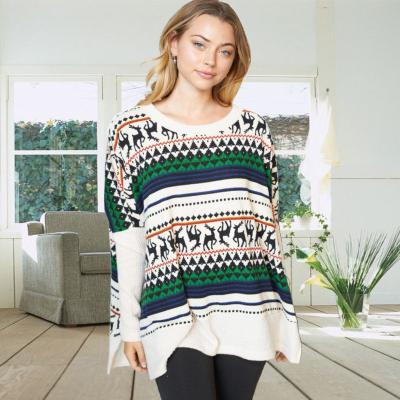 China Anti-wrinkle Christmas Long Sleeve Clothing Women Loose Tops Loose Flannel Geometric Print Knitted Casual Sweaters for sale