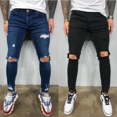 China 2021 New Style Men Breathable Jeans Ripped Solid Black Skinny Pants Biker Jeans Stretchy Pencil Pants Branded for sale