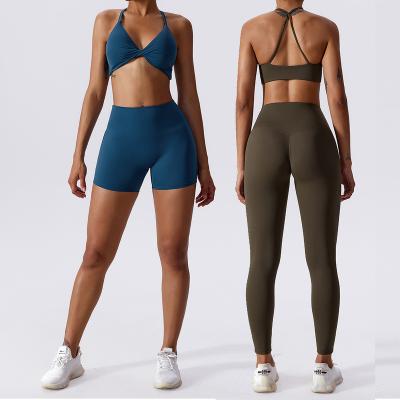 China Breathable Front Cross Yoga Bra Four Way Stretch Workout Tops Gym Women Fitness Sports Leggings Sets for sale