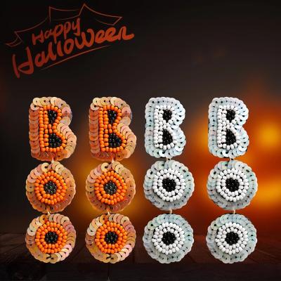 China Hot Selling TRENDY Halloween Boo Earrings Seed Bead With Sequins Long Drop Earrings For Women Statement Halloween Beaded Jewelry for sale