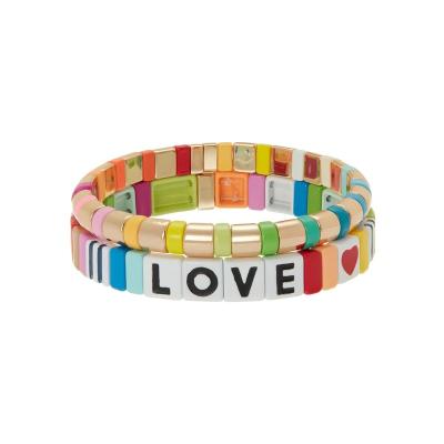 China Customized TRENDY Handmade Bohemian Enamel Stretch Bracelets Rainbow Love Stackable Tile Beads Stretch Bracelet for sale