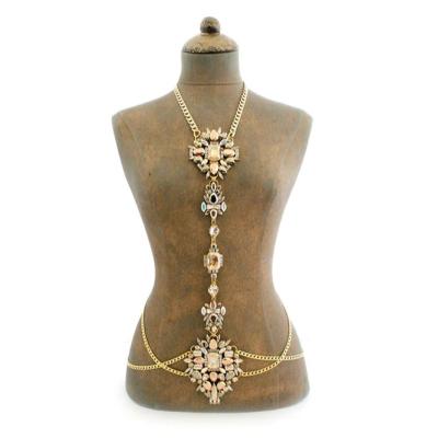 China Customized Fashion TRENDY Crystal Embellished Body Piece In Champagne Crystal Tones Fashion Gold Plated Crystal Body Chain for sale