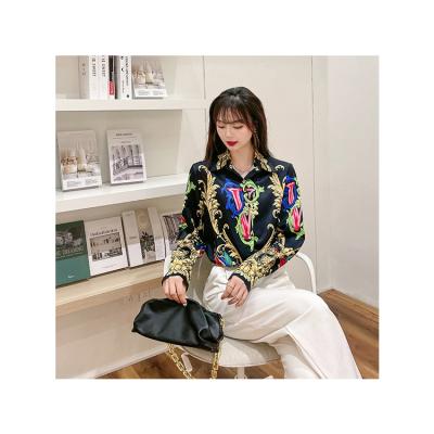 China Anti-pilling Autumn Women Fashion Office Lady European and American Turn Down Collar Long Sleeve Slim Vintage Print All Match Shirt for sale