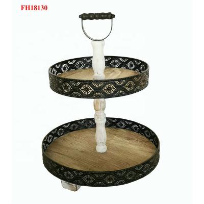 China eco-friendly & Metal 2 Tier Cake Stand Vintage Round 2 Tier Wood and Metal Serving Storage Tray High Quality Wooden Handle for sale