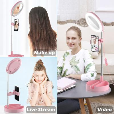 China Foldable Dimmable Selfie Live Ringlight Adjustable 6 Inch Portable Table Stand LED Fill Light Makeup Mirror LED Ring Light with Mirror for sale