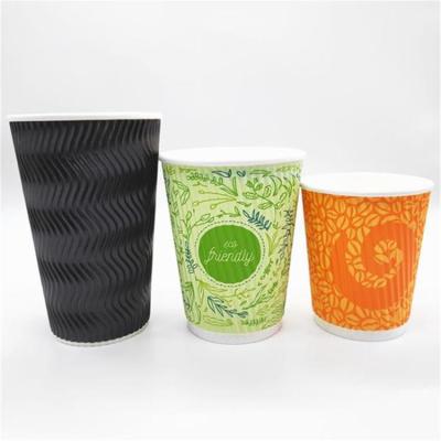 China Disposable Customize 8oz 14oz Cold/Hot Drink Disposable Eco Friendly Compostable Pla Coated Double Lid Wall Ripple Paper Coffee Cups for sale