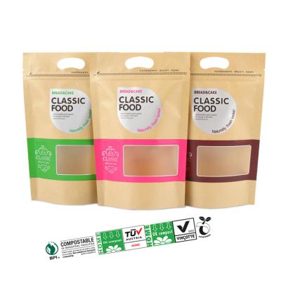 China Eco Friendly Biodegradable Ziplock Custom Comic Window Pouch Natural Kraft Paper Food Packaging Bags With Tear Notch for sale