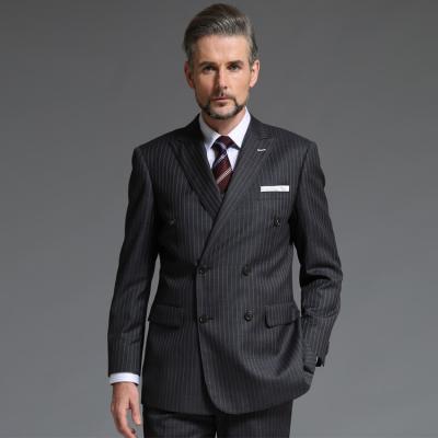 China Anti-Shrinkage 100% Wool Double Breasted Buttons Peak Suit Dark Gray Mens Lapel Stripes Suit for sale