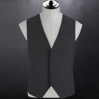 China Anti-pilling Mens Wedding Vest 70% Wool No Lapel Stripers Four Buttons Gray Vest for sale