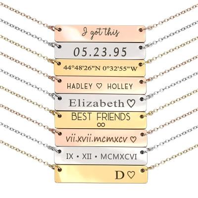 China Romantic Custom Personalized Women's Necklaces Sets Engravable Stainless Steel White Rose Gold Plated Jewelry Pendant Silver Bar Necklace for sale