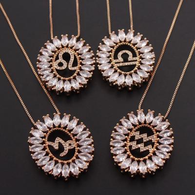 China TRENDY 18K Gold Bezel Women Diamond Zircon Rhinestone Bling Long Twelve Stone 12 Zodiac Sign Pendant Necklace With Box Chain for sale