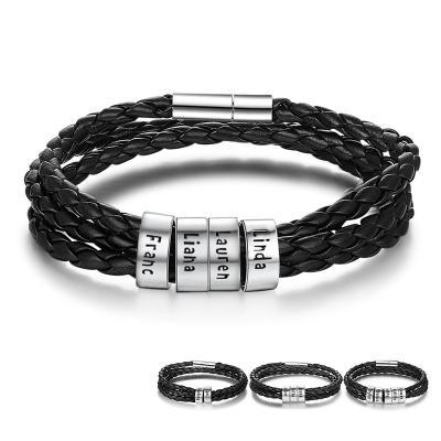 China TRENDY Personalized Custom Made Charm Bracelets Stainless Steel Rope Braided Men Leather Trim Bracelets With Names Bead Gift For Friend for sale