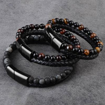 China Tiger Eye FASHIONABLE Tiger Eye Punk Men's Bracelets Ston Beads Accessories Jade Friendship Genuine Leather Black Magnetic Rope Bracelet For Men for sale