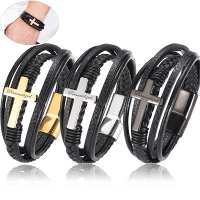 China FASHIONABLE Customized Magnetic Leather Bracelet Stainless Steel Pulseras Leather Jewelry Accessories Men Cross Bracelet For Men for sale