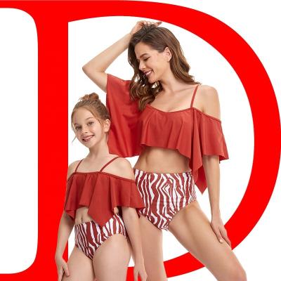 China Size four women matching plus size lotus leaf corner lotus leaf split swimsuit mother and daughter family swimwear for sale