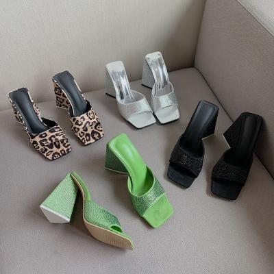 China Fashion Trend Strange Style 10cm Leopard Female Slides Slippers Ladies High Heel Sandals Women Heels Diamond Sandals Pumps for sale