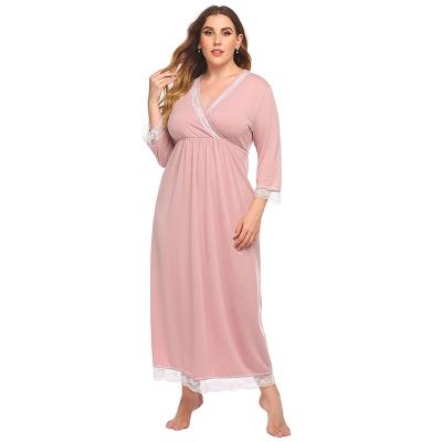 China Plus Size Women's Breathable French Print Loungewear Long Lace Trim Loose Fit Oily Nightgown Nightgown for sale