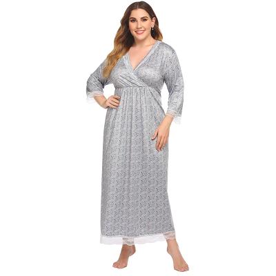 China Hot Selling Breathable Plus Size Women's Lace Trim Nightgown Milk Silk Printing Loose Nightgown For Ladies for sale