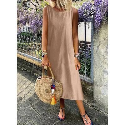 China Wholesale Round Neck Anti-Static Knitted Fabric Color Sleeveless Summer Solid Long Straight Women Casual Dress for sale