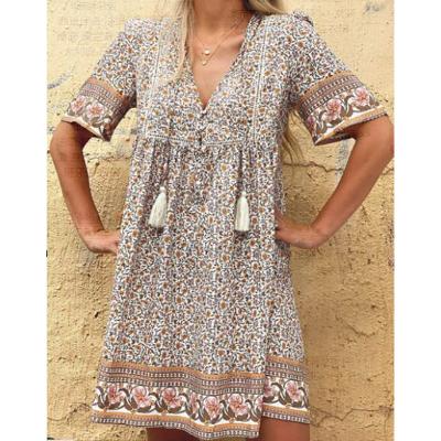 China 2021 New Wholesale Women's Retro Anti-static Print V-Neck Short Bohemian Dress Loose Beach Short-sleeved Fashion Dress for sale