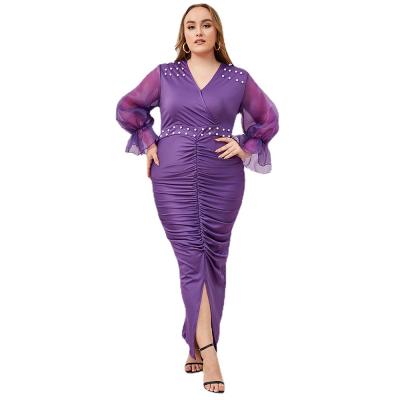 China New Long-sleeved knitted dress party temperament dry-cleaning bead skirt decoration v-neck purple lotus leaf lace dress long for sale