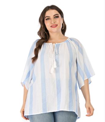 China 2021 summer QUICK DRY new plus size women's tassel loose belt striped sleeve half tops ladies blouse for sale