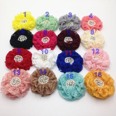 China Handmade Fabric Brooch 50 Pcs 16 Colors 10cm Hollow Out Flower Trim With Crystal Beads For DIY Brooch Headband Head Wear Hair Accessory for sale