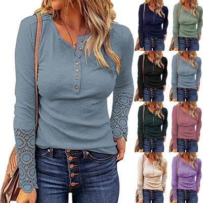 China Factory Hot Sale Wholesale Ladies QUICK DRY Women For Amazon Round Neck Patchwork Lace Loose Sheaths Long Sleeve Solid T-Shirt for sale