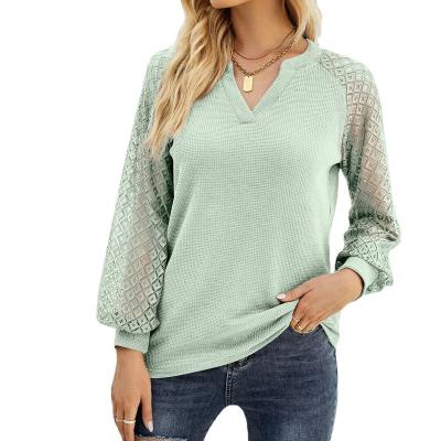 China 2022 New Hot Sale QUICK DRY Design Elegant V-Neck Plain Dyed Elegant Women Ladies Ladies Tops Lace Blouse Solid Long Sleeve T-Shirt for sale