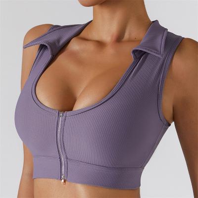 China Breathable Women Sexy Yoga Bra Sports Workout Padded Front Zipper Sleeveless Tank Top Lapel Crop Sportswear Gym Wear Activewear Bras for sale