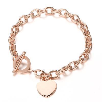 China New Arrival Environmental Friendly Heart Charm Stainless Steel Rose Gold Women Bracelet OT Buckle Chain Plain Love Heart Charm Steel Bracelet for sale