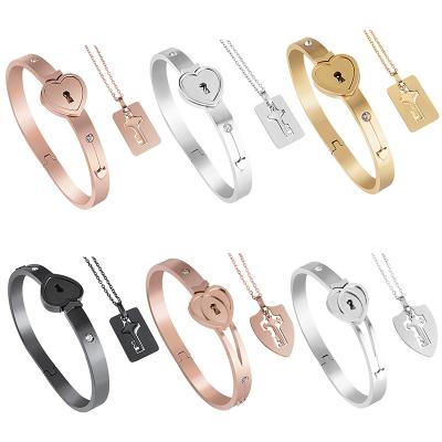 China Valentine's Day Gift Stainless Steel Heart Love Lock Bracelet Key Lead Nickel Free Necklace Couples Set Women Zircon Wedding Gift Jewelry Sets for sale