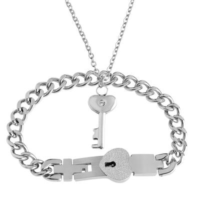 China Valentine's Day Gift Stainless Steel Heart Love Place Lock Bracelet Key Necklace Nickel Free Lead Couples Set Women Zircon Wedding Gift for sale