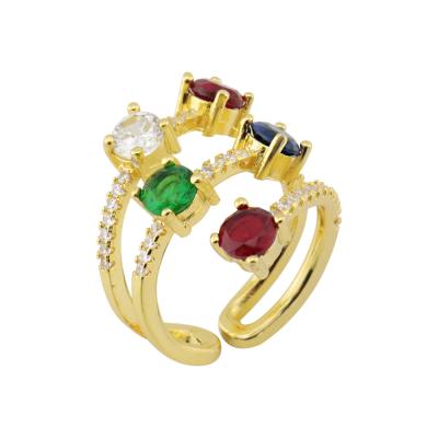 China Fashion Enviroment Friendly Colored Gemstone Style Ins Real Gold Plating Rings Copper Micro Inlaid Zircon Opening Rings For Women Girls for sale