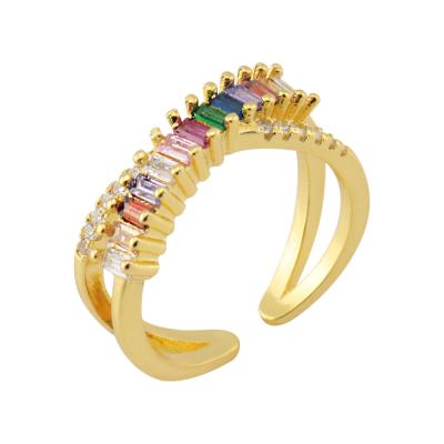 China Fashion Enviroment Friendly Colorful Gemstone Style Ins Real Gold Plating Copper Rings Micro-Inlaid Zircon Opening Rings For Women Girls for sale