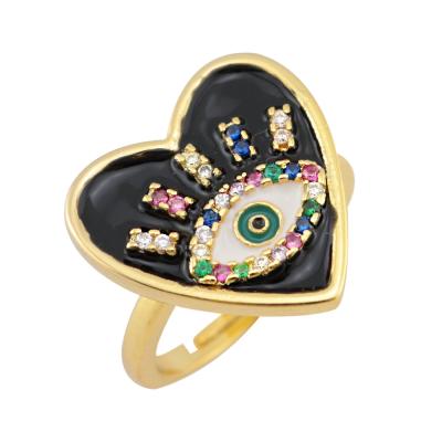 China 2021 New Design Environmentally Friendly Enamel Heart Shape Evil Eyes Real Western Copper Micro Rings Gold Plating Inlaid Zircon Adjustable Rings for sale